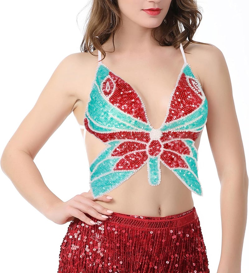 Mocure Womens Glitter Sequin Butterfly Crop Top Low-Cut Tank Top Rave Tube Vest Top for Belly Dance Costume Outfits - Image 3